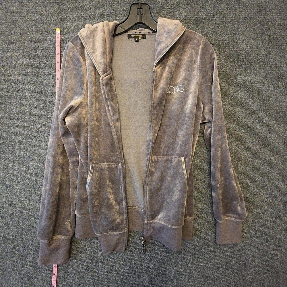 BCBGMAXAZRIA Hoodie Womens L Gray Velour Full Zip Rhinestone Logo Jacket Pockets